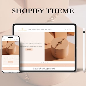 May include: A digital display of a Shopify theme on a tablet and smartphone. The theme showcases jewelry with a gold chain bracelet on a cylindrical display. The text "Shopify Theme" is at the top.