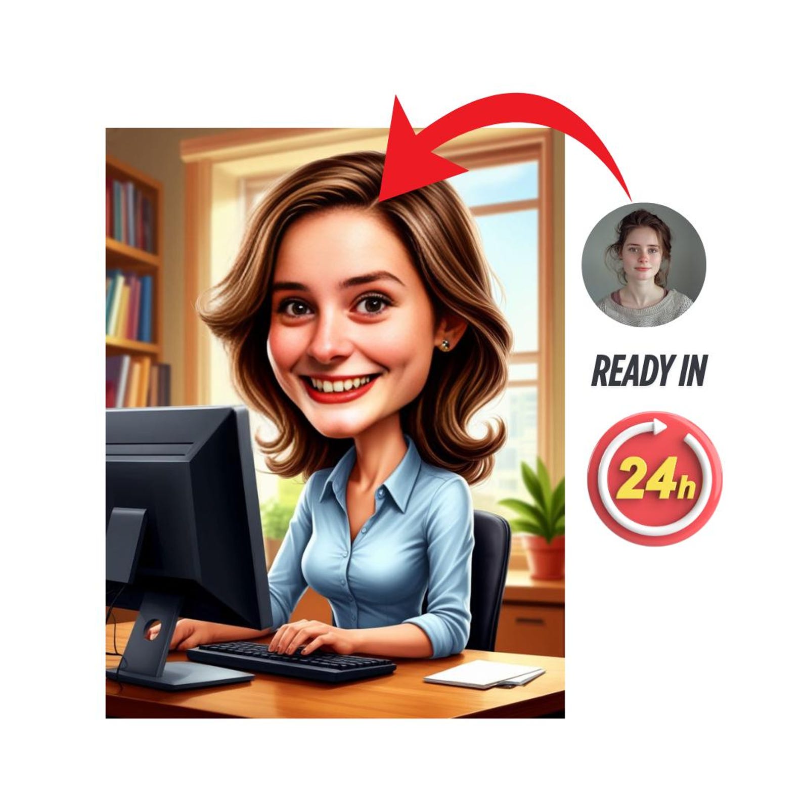 Funny IT Girl Caricature Custom Woman at Desktop Computer Portrait ...