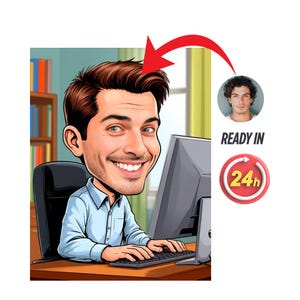 Custom Caricature Portrait Man at Computer Art Personalized Gift for Programmer Funny Tech Themed Art from Photo Personalized Office Art