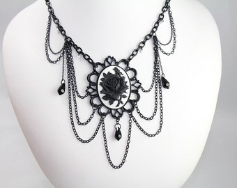 Black Rose Pendant Necklace, white, cameo