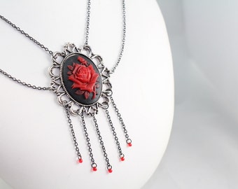 Red Rose on Black Pendant Necklace, gunmetal, silver