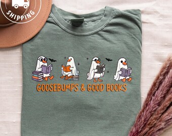Comfort Colors Funny Goose Halloween Shirt Spooky Goose Reading Tee Cute Ghost Animal Top Book Lover Gift Bookish Gift for Goose Lovers