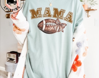 Comfort Colors Cute Football Mama Shirt Mothers Day Gift For Football Mom Football Season Mom Gifts Coquette Football Bow T-Shirt