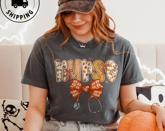 Comfort Colors Fall Nurse Shirt Halloween Nurse Tee for Women Coquette Bow RN Top Cute Nurse Appreciation Gift Autumn Nurse Tee