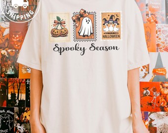 Comfort Colors Halloween Stamps Shirt Vintage Postage Stamps Tshirt Retro Ghost Tee for Women Cute Coquette Ghost Spooky Season Gift