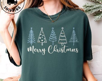 Camiseta navideña Comfort Colors con diseño de árbol de Navidad, camiseta navideña Merry & Bright