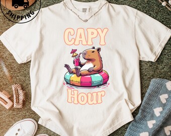 Capybara Shirt Funny Summer Tee Capybara Lover Gift Cute Animal Graphic Tee Pet Lover Gift Drinking Float Tee Pool Day Shirt