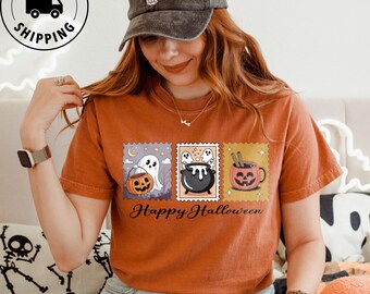 Comfort Colors Cute Ghost Pumpkin Shirt Vintage Postage Stamp Halloween Tee Retro Ghost Top Cute Fall Spooky Season Shirt for Women