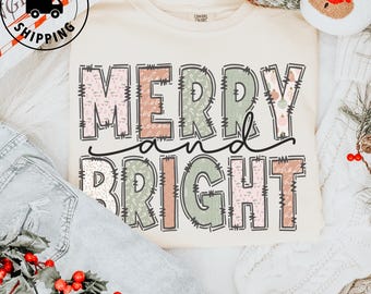 Comfort Colors Merry & Bright Christmas Shirt, Retro Holiday Tee