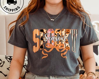Comfort Colors Spooky Season Shirt for Women Coquette Varsity Halloween Shirt Fall Aesthetic Tee Gift for Spooky Season Lovers