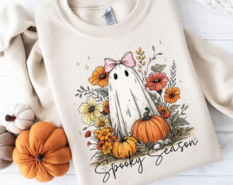 Ghost SVG, Pumpkins and Flowers, Halloween Design (Digital Download)