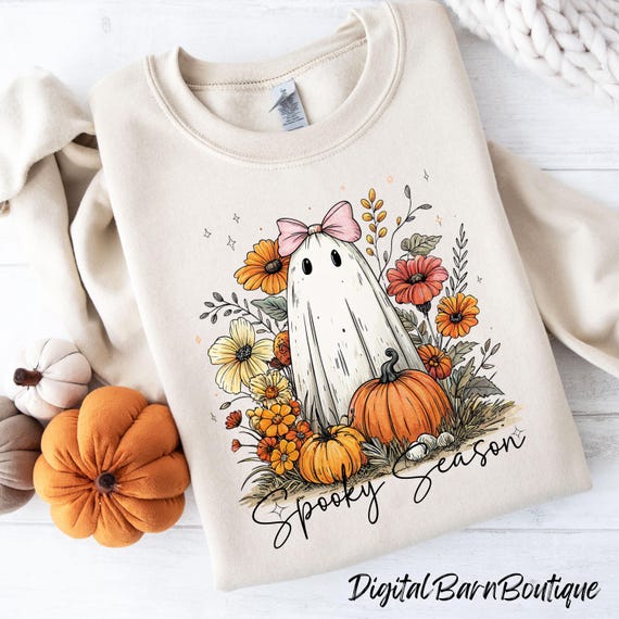 Cute Halloween Ghost SVG, Pumpkins and Flowers Design (Digital Download)