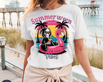 Summerween Vibes PNG : plage Grim Reaper, flotteur flamant rose (téléchargement numérique