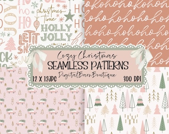 Puede incluir: Una colección de cuatro patrones sin costuras con temática navideña. Los patrones presentan frases festivas, árboles de Navidad y elementos festivos en tonos rosa, verde y beige. La imagen incluye el texto "Cozy Christmas Seamless Patterns" y "Digital Barn Boutique".