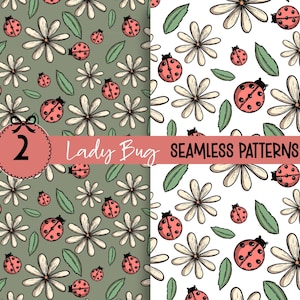 Pode incluir: Dois padrões sem costura com joaninhas, margaridas e folhas verdes. Um padrão tem um fundo verde, o outro um fundo branco. O texto "Lady Bug Seamless Patterns" é exibido na imagem. Os padrões são adequados para várias aplicações.