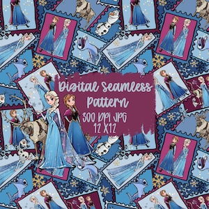 Può includere: Motivo digitale senza cuciture con personaggi di un popolare film d'animazione. Il design include immagini dei personaggi, fiocchi di neve e altri elementi su sfondo blu. È incluso anche il testo "Digital Seamless Pattern".