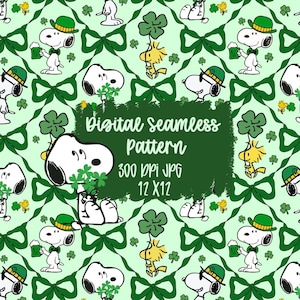 May include: Digital seamless pattern featuring Snoopy and Woodstock characters in a St. Patrick's Day theme. The design includes green bows, shamrocks, and Snoopy wearing a green hat and holding a beer. The text "Digital Seamless Pattern" is included.