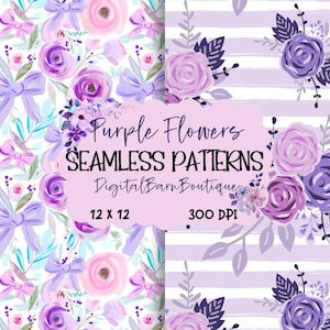 May include: Two seamless patterns featuring watercolor floral designs. One pattern has purple roses, bows, and leaves on a white background. The other has purple roses and leaves on a striped background. The text "Purple Flowers Seamless Patterns" is visible.
