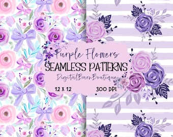Puede incluir: Dos patrones sin costuras con diseños florales en acuarela. Un patrón tiene rosas moradas, lazos y hojas sobre un fondo blanco. El otro tiene rosas y hojas moradas sobre un fondo rayado. El texto "Purple Flowers Seamless Patterns" es visible.
