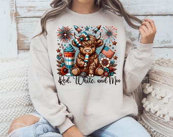 Patriotic Highland Cow PNG: 4th of July Sublimation Design (Digital Download
