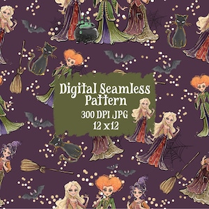 Può includere: Motivo digitale senza cuciture con illustrazioni di streghe, gatti neri, pipistrelli e scope su sfondo viola scuro. Il testo "Digital Seamless Pattern" è visualizzato su un rettangolo verde, insieme ai dettagli delle dimensioni e della risoluzione.
