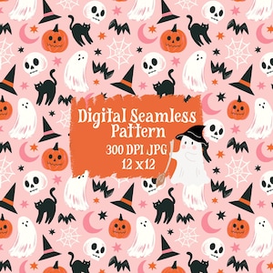 May include: A digital seamless pattern with Halloween motifs. The design includes pumpkins, witch hats, ghosts, black cats, bats, spiderwebs, skulls, and crescent moons on a pink background. The image text reads "Digital Seamless Pattern 300 DPI JPG 12 x 12".