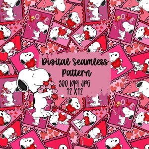 Può includere: Un motivo digitale senza cuciture con Snoopy che tiene in mano dei cuori e su disegni di francobolli con la parola "LOVE". Lo sfondo è un mix di cuori rosa e rossi. L'immagine include anche il testo "Digital Seamless Pattern 300 DPI JPG 12 X12".