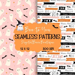 May include: Two Halloween-themed seamless patterns. One features white ghosts, black bats, and candy corn on a pink background. The other has black and orange banners with "Happy Halloween" and "BOO to You!" text.