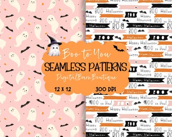 May include: Two Halloween-themed seamless patterns. One features white ghosts, black bats, and candy corn on a pink background. The other has black and orange banners with "Happy Halloween" and "BOO to You!" text.