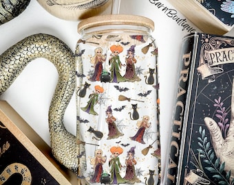Witchy Sisters Cup Wrap PNG / Pipistrelli, scope e gatto nero / Tumbler Wrap di Halloween (finto glitter)