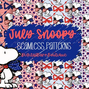 May include: A selection of seamless patterns featuring Snoopy in patriotic colours. The patterns show Snoopy with a red, white, and blue bow tie and scarf, set against backgrounds of stars, bows, and stripes. Text reads "July Snoopy Seamless Patterns".