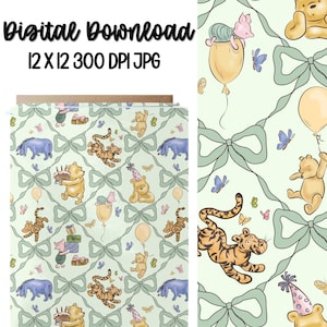 May include: Digital download featuring a repeating pattern of Winnie the Pooh characters, including Pooh, Piglet, Tigger, and Eeyore, with bows and butterflies on a light green background. The image is 12 x 12 inches at 300 DPI.