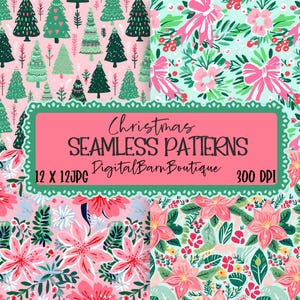 May include: Four Christmas-themed seamless patterns featuring festive designs. The patterns showcase Christmas trees, bows, and floral arrangements in shades of pink, green, and red. The image also includes the text "Christmas SEAMLESS PATTERNS" and "Digital Barn Boutique".