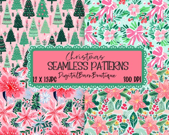 Pink & Mint Holiday Pattern Bundle: Floral, Trees, Bows (JPG Digital Papers)