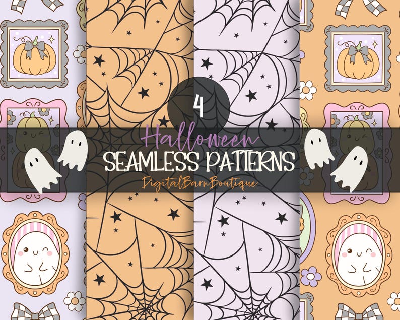 Pastel Halloween Seamless Pattern Bundle | Kawaii Spooky Frames & Spiderwebs | Cute Fall Digital Papers JPG