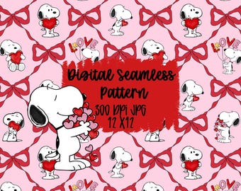 Valentine Snoopy Seamless Pattern, Hearts & Bows Pattern, Love, Dog Digital Paper, Sublimation
