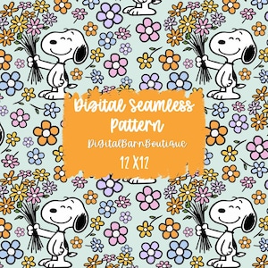 May include: Seamless digital pattern featuring a cartoon character holding a bouquet of flowers, surrounded by colorful flowers on a light blue background. The text "Digital Seamless Pattern" and "12 X 12" are visible.