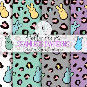 Peut inclure: Quatre motifs sans couture avec des Peeps de Pâques et des taches de léopard en blanc, vert menthe, gris et violet. Chaque motif comprend une couleur différente de Peep et des taches de léopard. Le texte indique "Hello Peeps Seamless Patterns DigitalBarnBoutique."