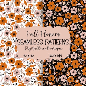 Könnte beinhalten: Zwei nahtlose Muster mit Herbstblumen. Ein Muster hat einen weißen Hintergrund mit orangefarbenen und rosa Blumen, braunen Blättern und Pilzen. Das andere Muster hat einen schwarzen Hintergrund mit denselben floralen Elementen. Der Text lautet "Fall Flowers Seamless Patterns".