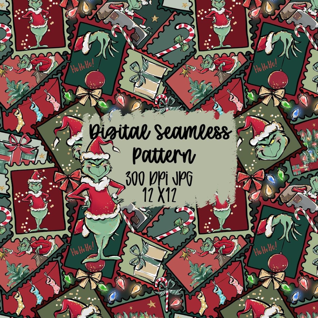 Christmas Grinch Seamless Pattern, Holiday Stamp Collage (digital Paper ...