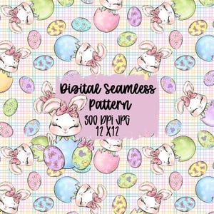 Op de afbeelding: Een digitaal naadloos patroon met paashazen en eieren in pastelkleuren. Het ontwerp bevat eieren met vlinder- en bloempatronen, tegen een geruite achtergrond. De tekst "Digital Seamless Pattern" is inbegrepen.