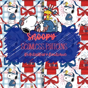 May include: A repeating pattern featuring Snoopy in patriotic attire, with red, white, and blue elements. Snoopy is depicted with a USA baseball cap and holding a small American flag. The design includes red bows, fireworks, and the text "FREEDOM USA".