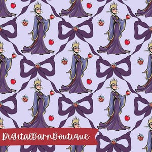 May include: A repeating pattern featuring a cartoon illustration of a queen in a purple gown holding a red apple. The design includes purple bows, red apples, and poison apples on a light purple background. The text "DigitalBarnBoutique" is at the bottom.