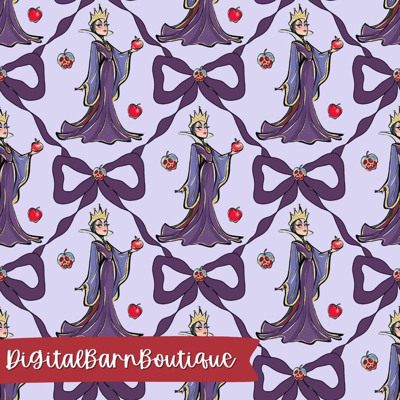 May include: A repeating pattern featuring a cartoon illustration of a queen in a purple gown holding a red apple. The design includes purple bows, red apples, and poison apples on a light purple background. The text "DigitalBarnBoutique" is at the bottom.