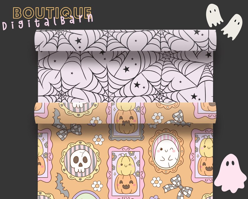 May include: Rolled Halloween-themed paper with a spiderweb design and a pattern of pumpkins, ghosts, and skulls. The paper has a light pink and orange color scheme, with the text "BOUTIQUE Digital Barn" at the top.