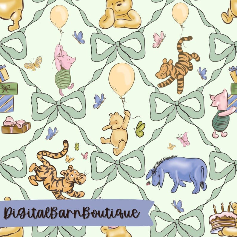 May include: A repeating pattern featuring Winnie the Pooh characters, including Pooh Bear, Piglet, Tigger, and Eeyore, with balloons, butterflies, and gift boxes. The design includes light green bows on a light green background. The text "DigitalBarnBoutique" is at the bottom.