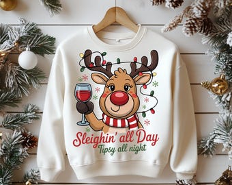 Funny Christmas Reindeer Wine Design: Sleighin' All Day PNG & SVG