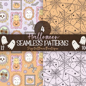 May include: Four Halloween seamless patterns in a digital art print. The patterns include images of ghosts, pumpkins, skulls, cats, and spiderwebs. The text reads "Halloween Seamless Patterns 12 x 12 300 DPI".