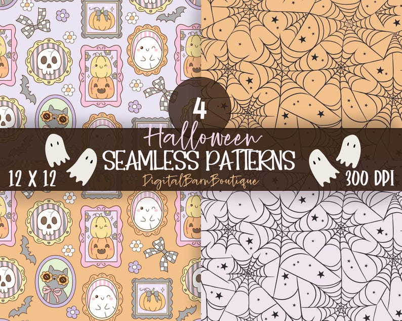 May include: Four Halloween seamless patterns in a digital art print. The patterns include images of ghosts, pumpkins, skulls, cats, and spiderwebs. The text reads "Halloween Seamless Patterns 12 x 12 300 DPI".