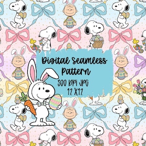Snoopy Easter Seamless Pattern, Pastel Bows, Eggs (Digital Download)